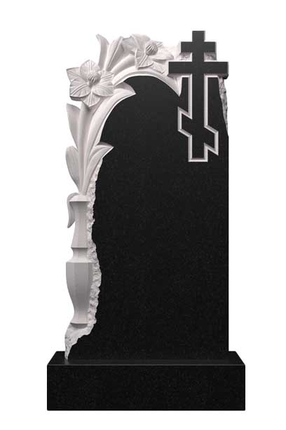 Вертикальный памятник из гранита с резной вазой с цветами и крестом Ц-109 