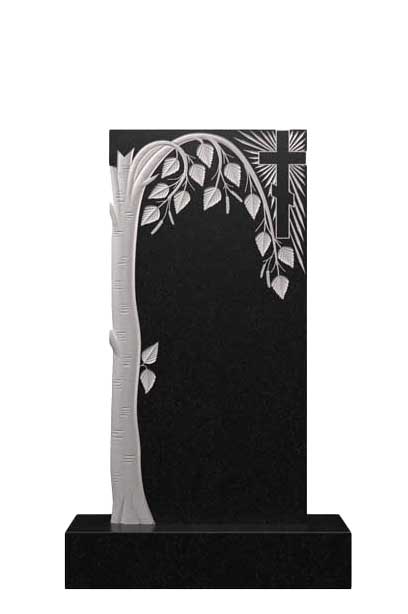 Вертикальный памятник из гранита с березой и крестом Д-68