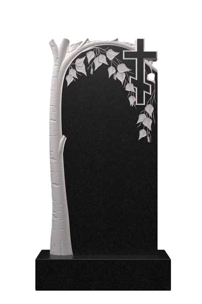 Вертикальный гранитный памятник с березой и крестом Д-39