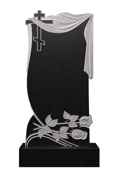 Вертикальный памятник из гранита с крестом, плащаницей и розами Ц-104