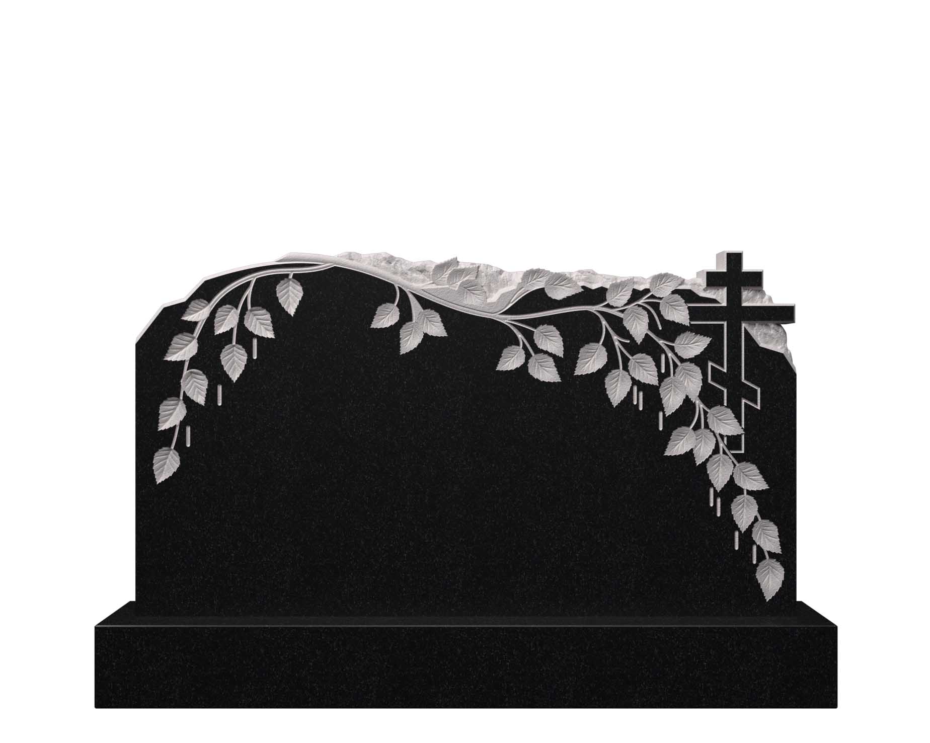 Горизонтальный памятник из гранита ветвь березы и крест  ДГ-13