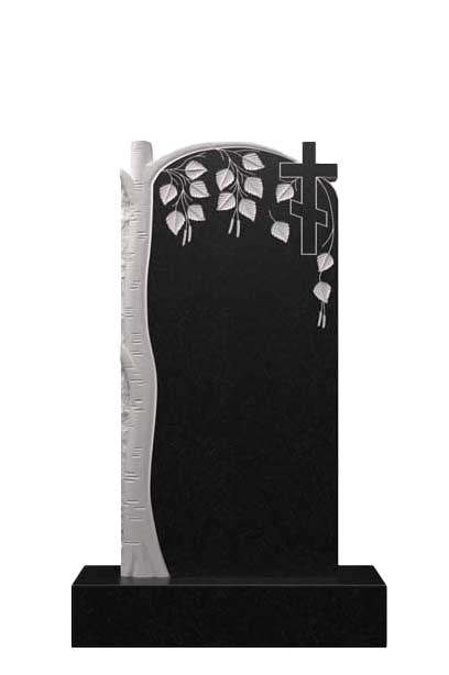 Вертикальный памятник из гранита с березой и православным крестом Д-69