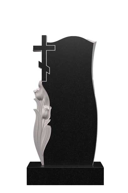 Вертикальный памятник из гранита с крестом и тюльпанами Ц-210