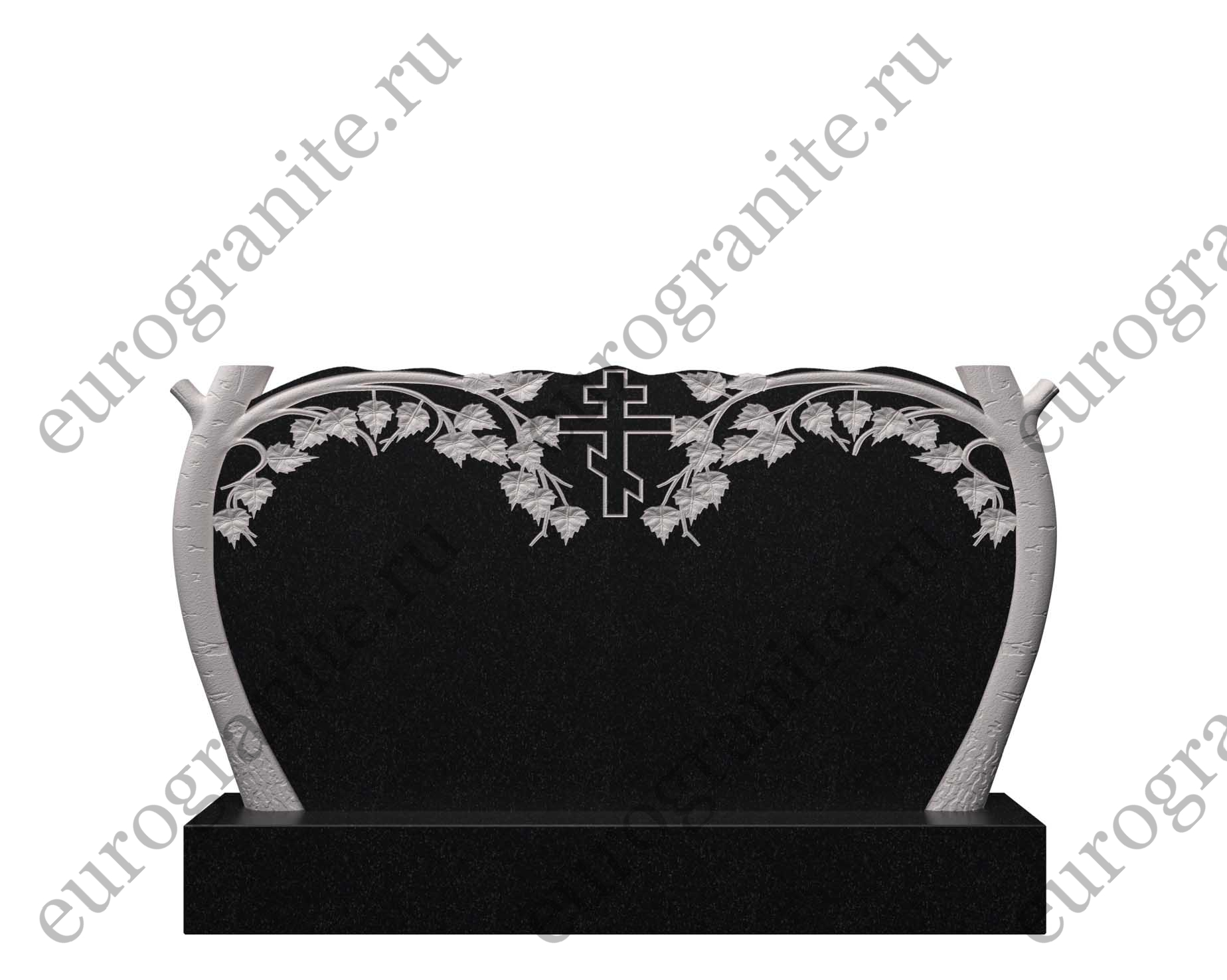 Горизонтальный памятник из гранита с березой и крестом ДГ-3