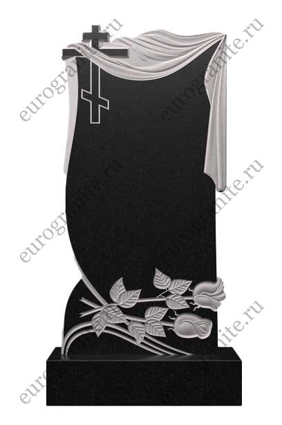 Вертикальный памятник из гранита с крестом, плащаницей и розами Ц-104