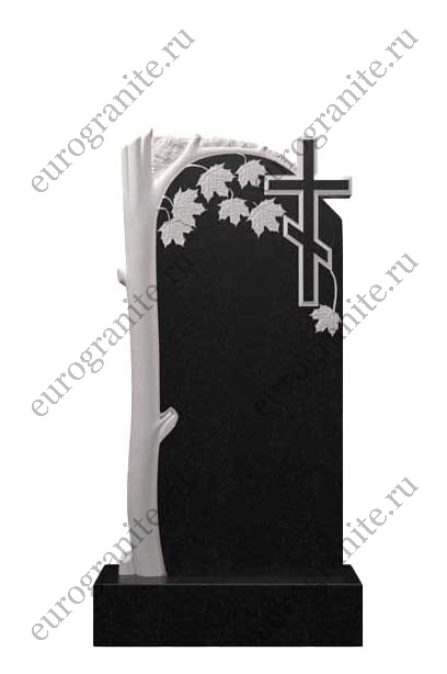 Вертикальный гранитный памятник с деревом и крестом Д-77
