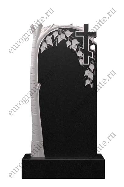 Вертикальный гранитный памятник с березой и крестом Д-39