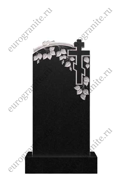 Вертикальный памятник из гранита с березой и крестом Д-70