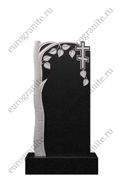 Вертикальный памятник из гранита с берёзовой ветвью и православным крестом Д-71