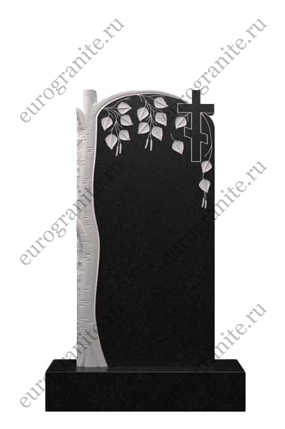 Вертикальный памятник из гранита с березой и православным крестом Д-69