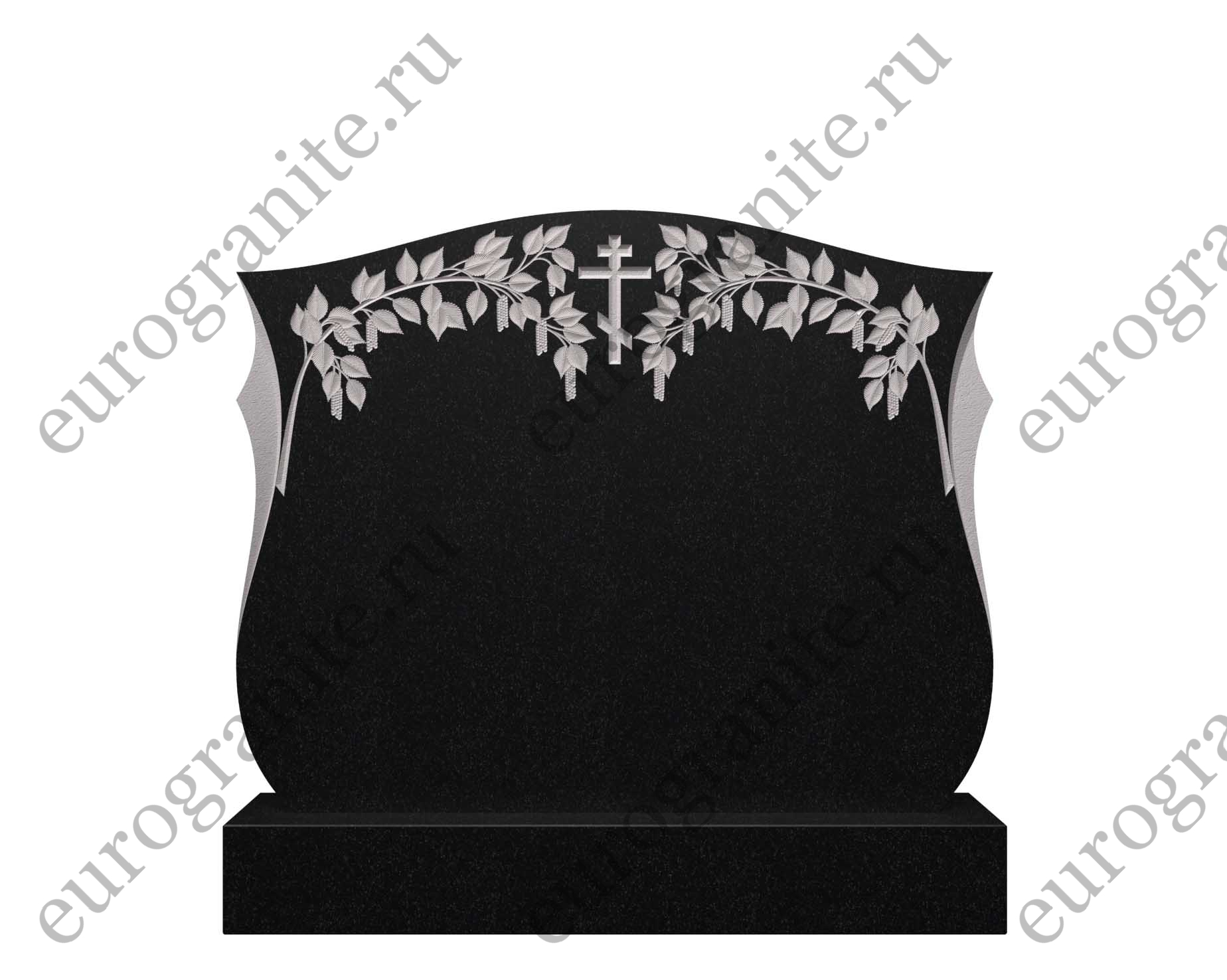 Горизонтальный памятник из гранита ветви березы и крест ДГ-5