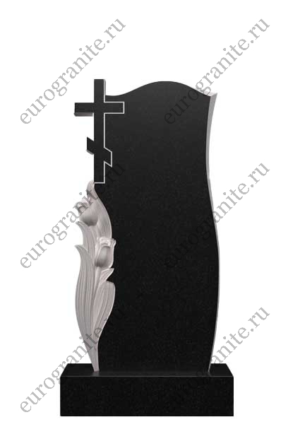 Вертикальный памятник из гранита с крестом и тюльпанами Ц-210
