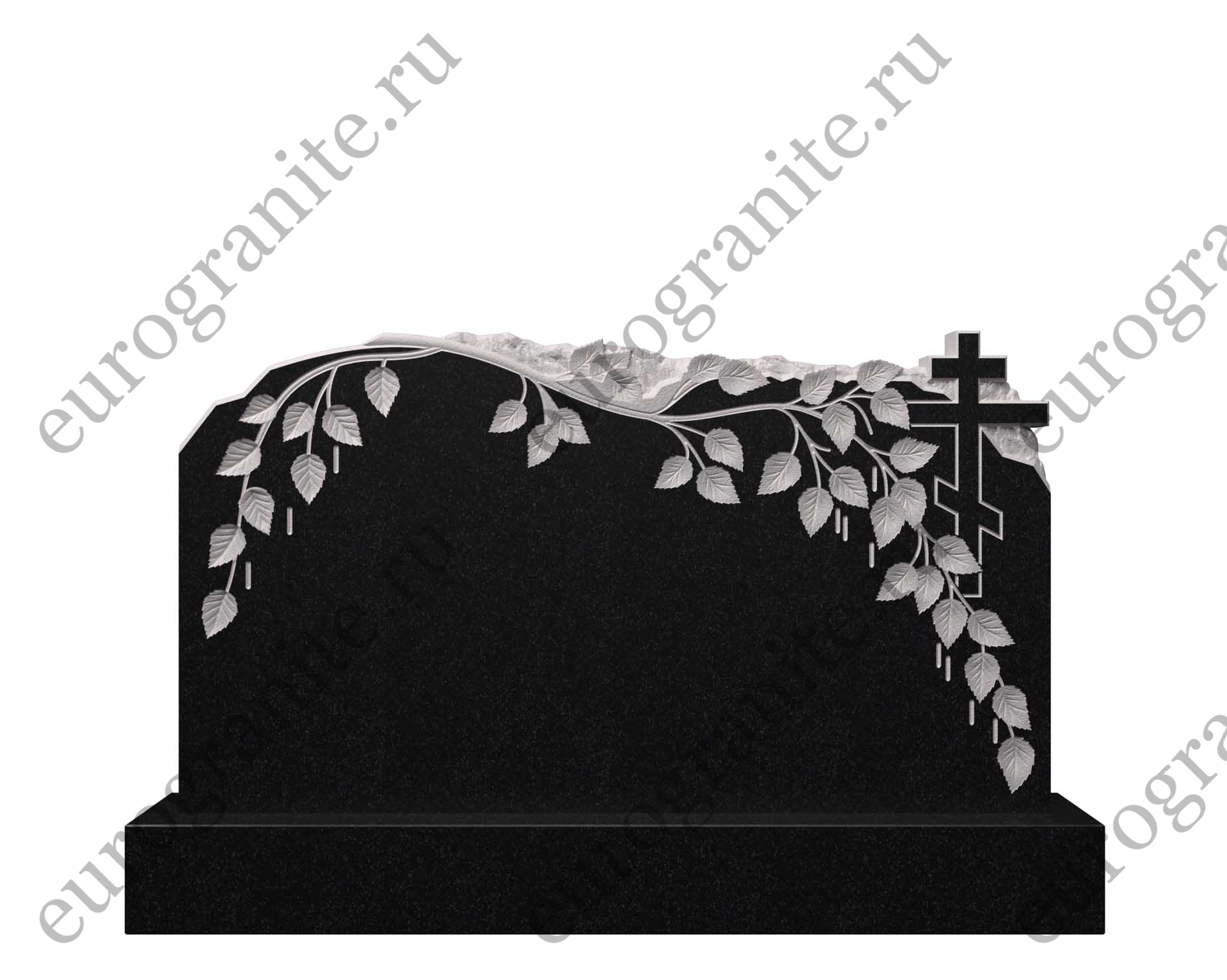 Горизонтальный памятник из гранита ветвь березы и крест  ДГ-13