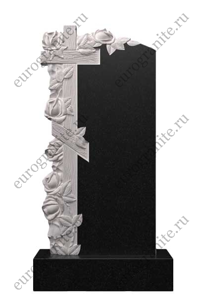 Вертикальный памятник из гранита с крестом «под дерево» и объемными розами Ц-119