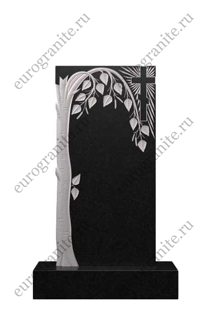 Вертикальный памятник из гранита с березой и крестом Д-68
